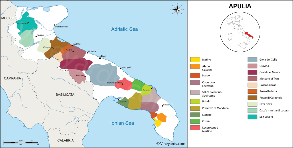 Mapa oblasti Apúlia, kde sa pestuje odroda vína Primitivo